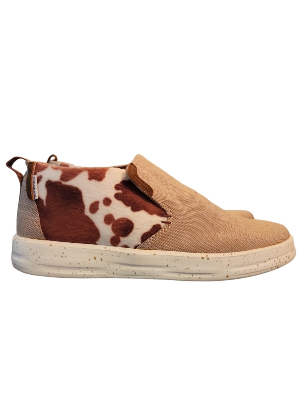 Hey Dude Women’s Emma Chocolate Mix Cow Print Hair Shoes Tan Canvas Front US 10